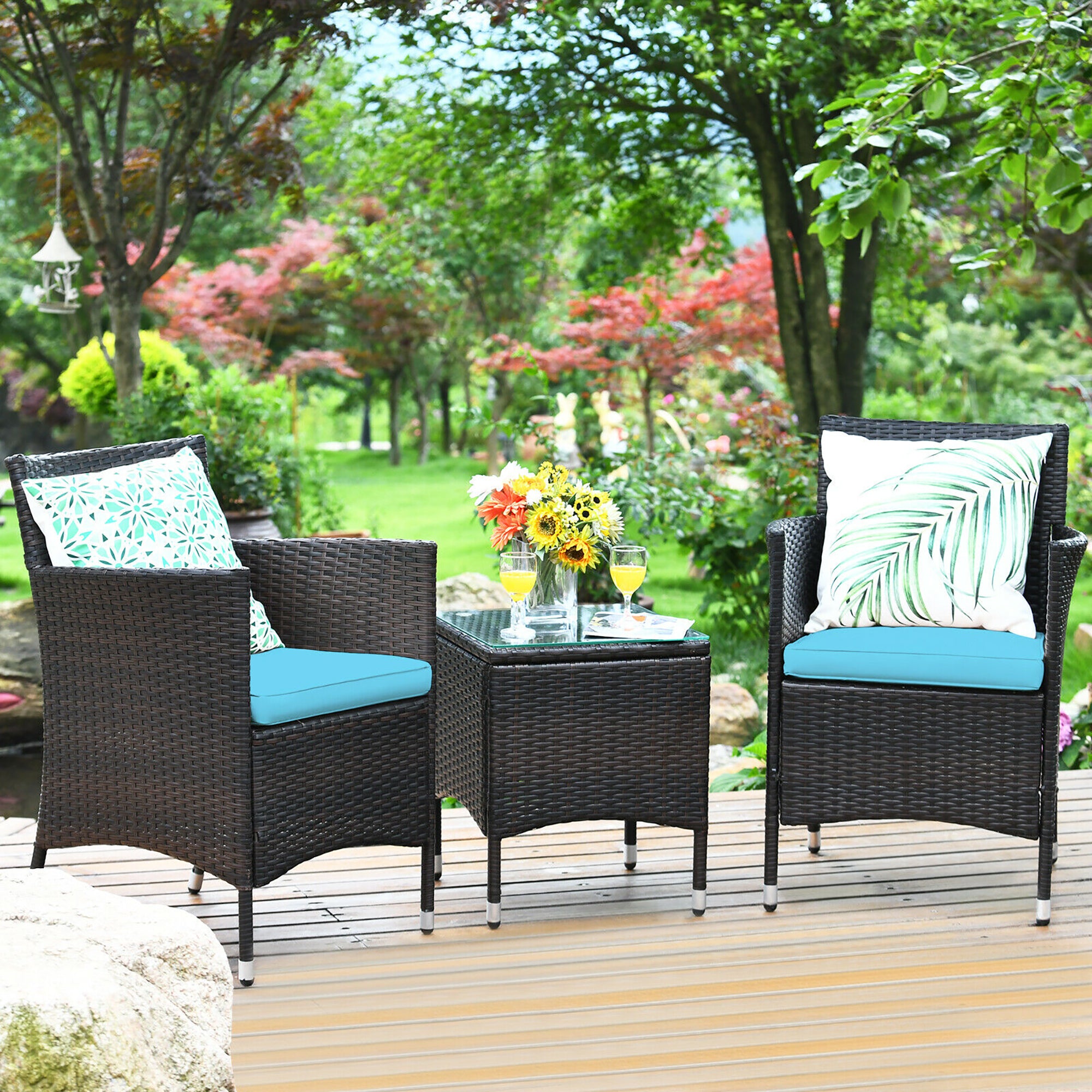  3 Piece PE Rattan Chair Set with Table - Red - Bonton