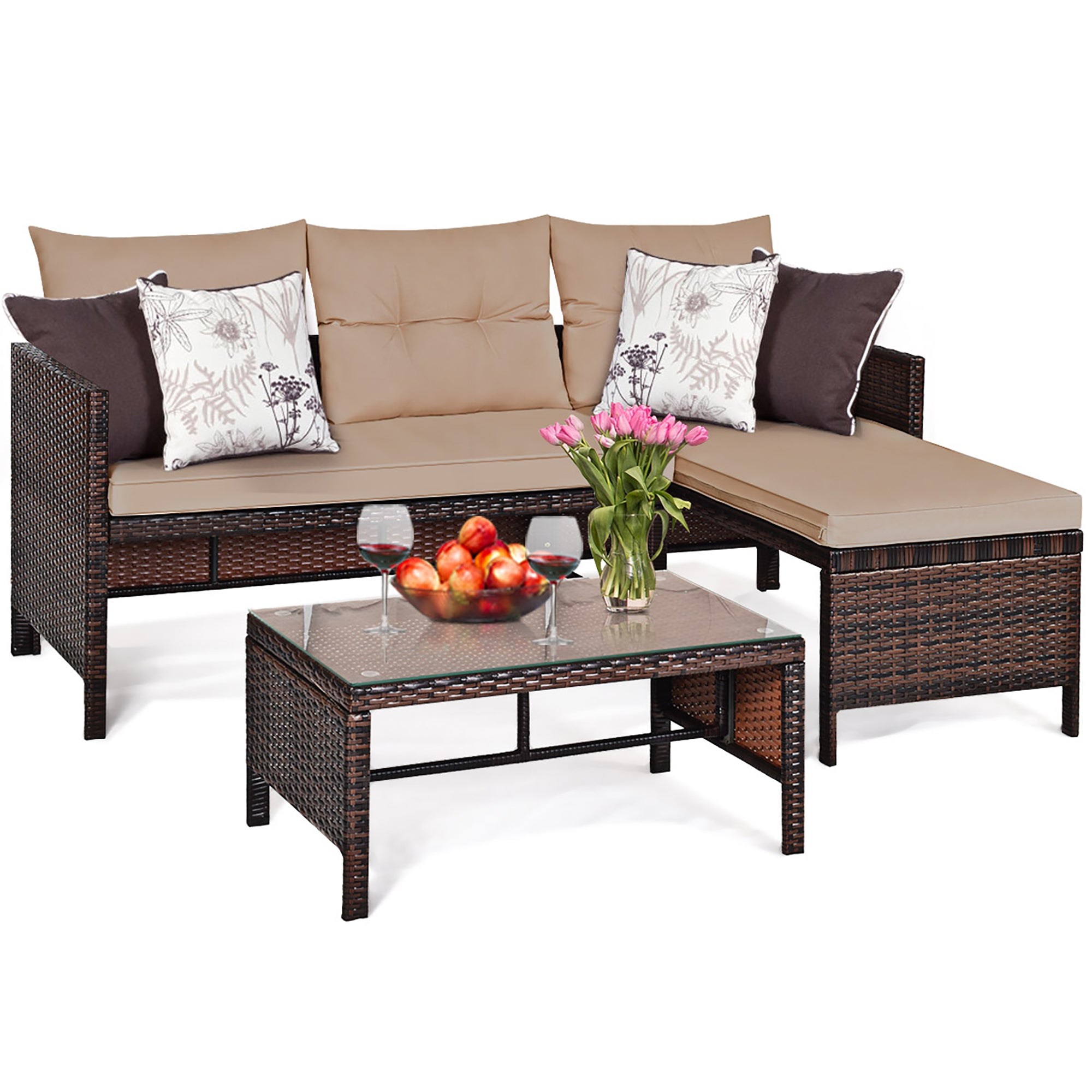  3 Piece Rattan Wicker Sofa Sectional Conversation Set - Brown - Bonton