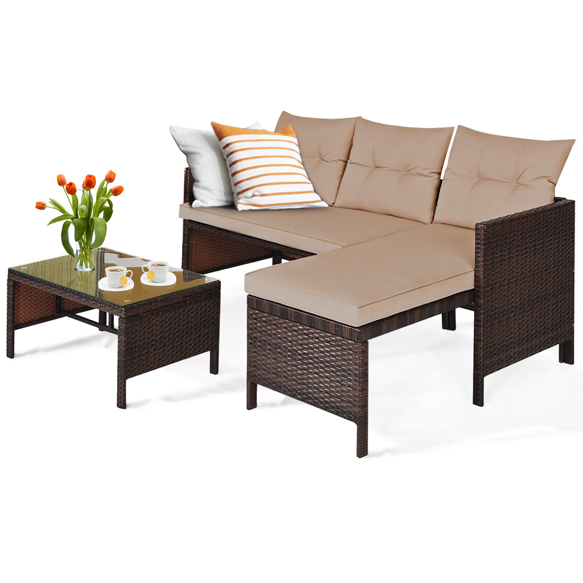  3 Piece Rattan Wicker Sofa Sectional Conversation Set - Brown - Bonton