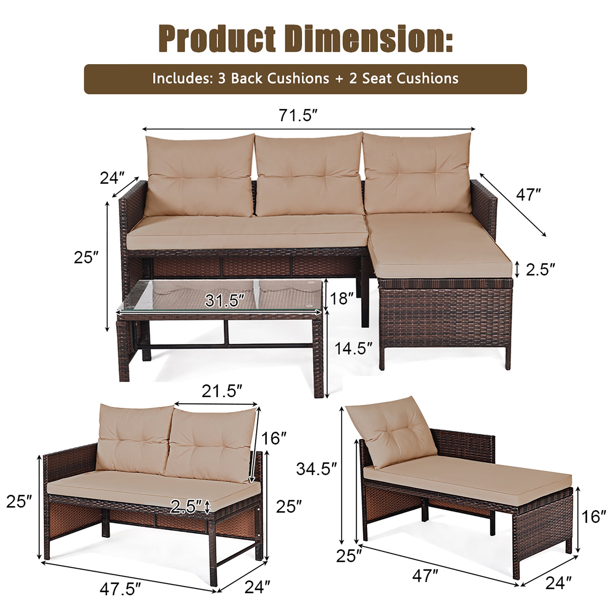  3 Piece Rattan Wicker Sofa Sectional Conversation Set - Gray - Bonton