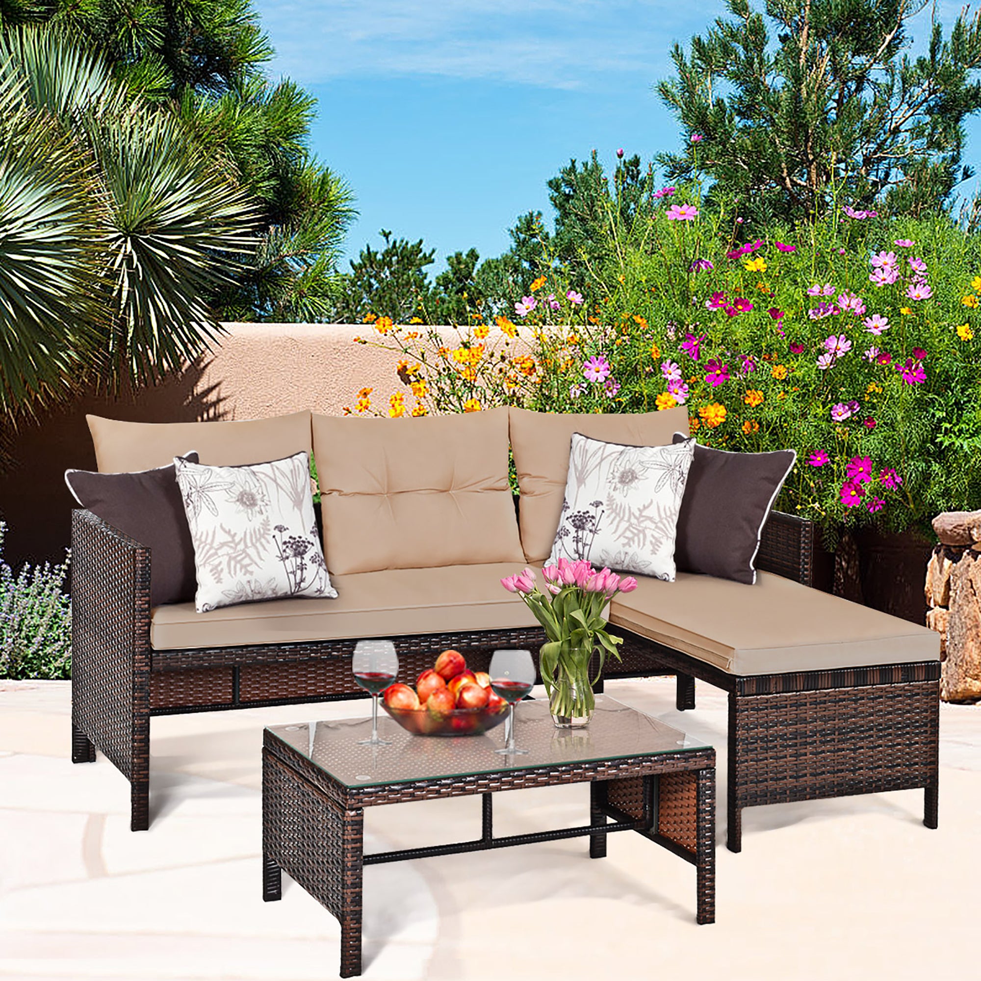  3 Piece Rattan Wicker Sofa Sectional Conversation Set - Brown - Bonton