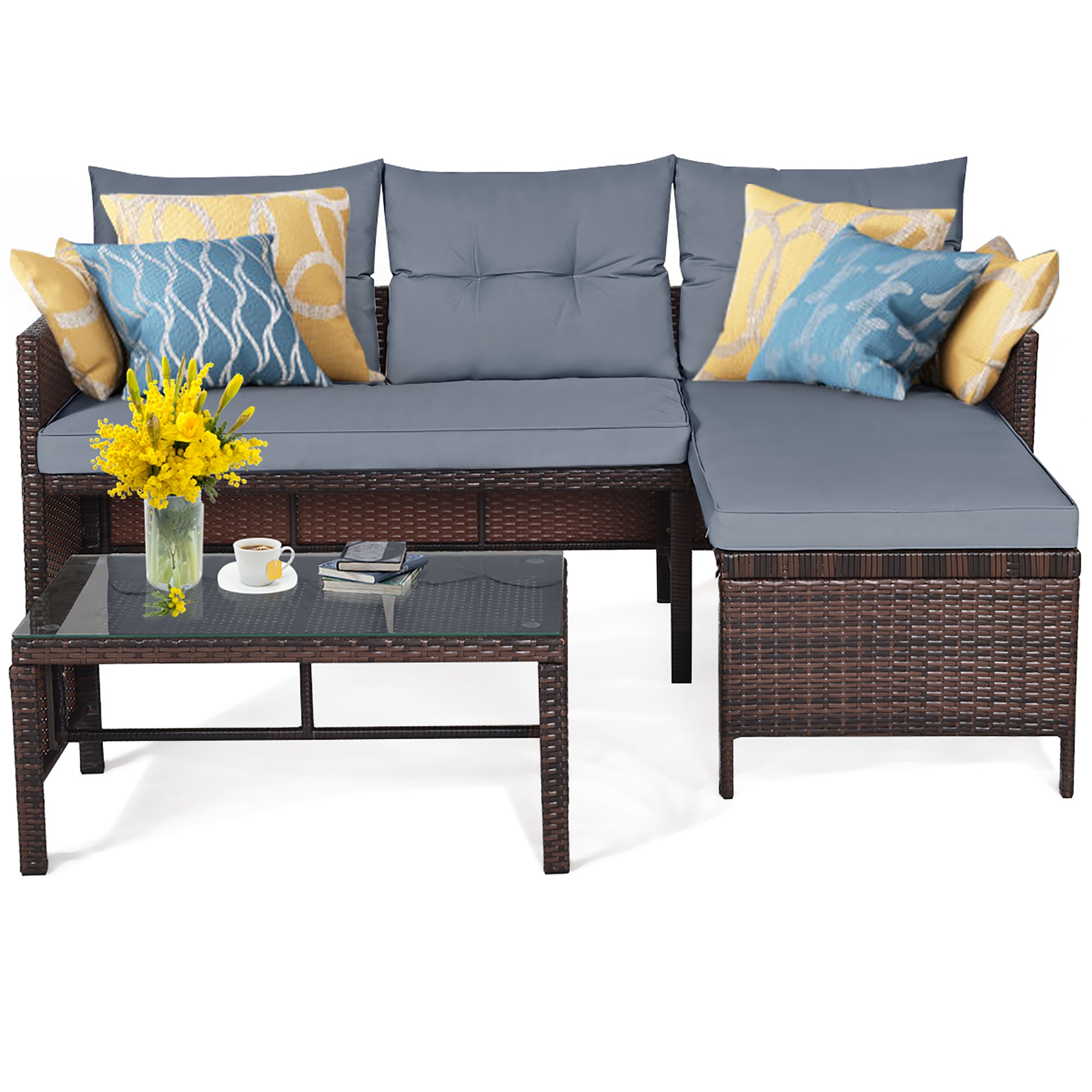  3 Piece Rattan Wicker Sofa Sectional Conversation Set - Brown - Bonton