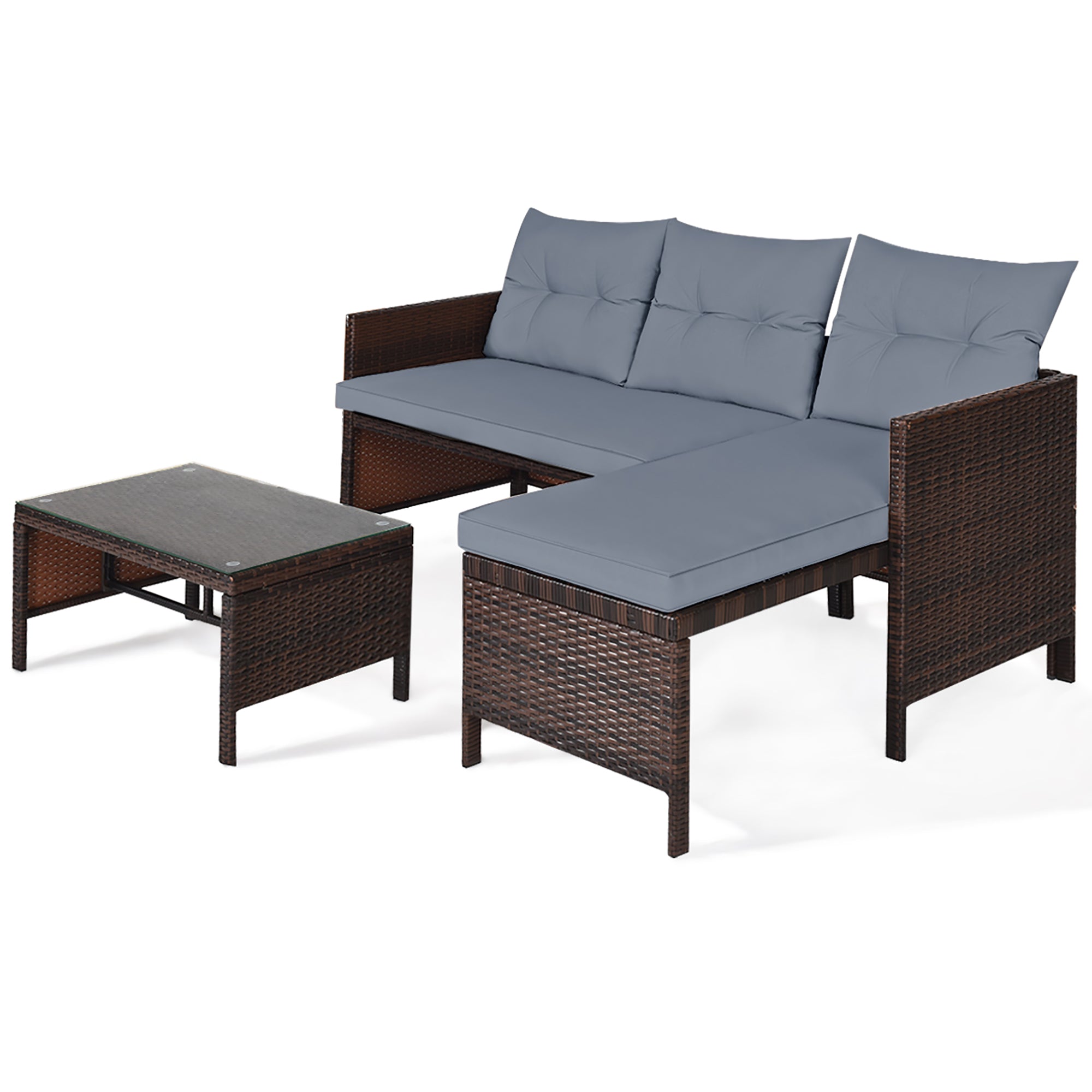  3 Piece Rattan Wicker Sofa Sectional Conversation Set - Brown - Bonton