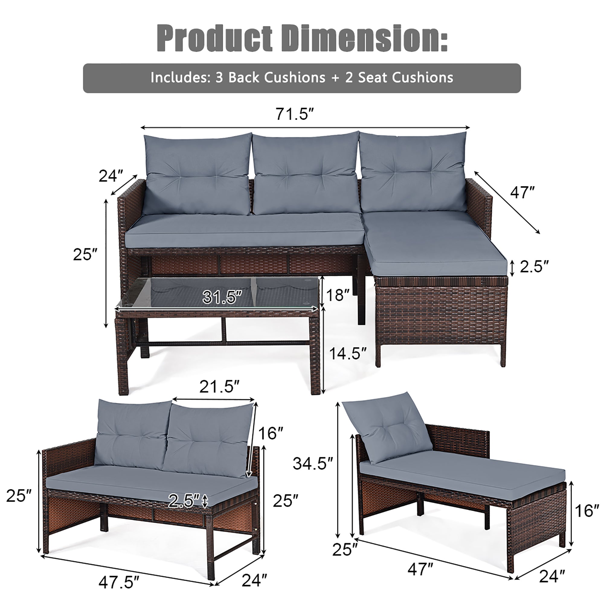  3 Piece Rattan Wicker Sofa Sectional Conversation Set - Brown - Bonton