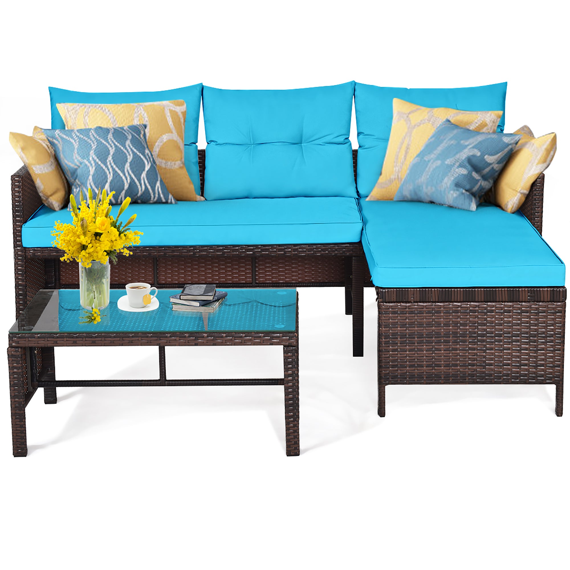  3 Piece Rattan Wicker Sofa Sectional Conversation Set - Brown - Bonton