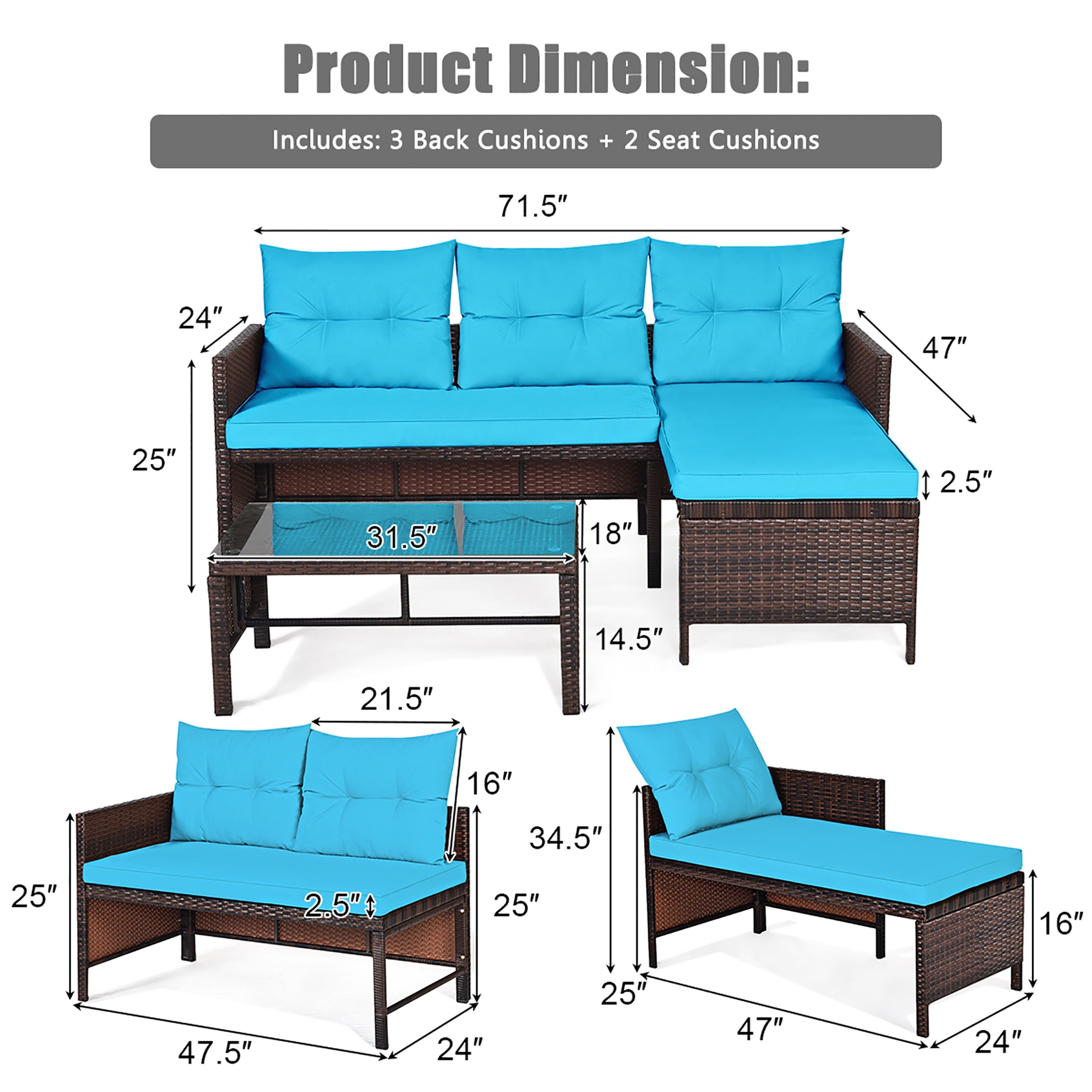  3 Piece Rattan Wicker Sofa Sectional Conversation Set - Brown - Bonton