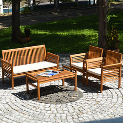 4 Piece Acacia Wood Sofa and Chair Set with Coffee Table