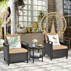 3 Piece Rattan & Metal Cushioned Chair Set Cushioned with Round Shelf Table