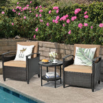 3 Piece Rattan & Metal Cushioned Chair Set Cushioned with Round Shelf Table