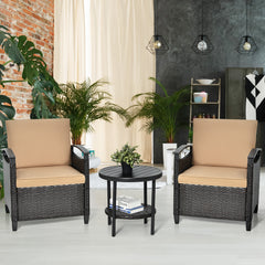 3 Piece Rattan & Metal Cushioned Chair Set Cushioned with Round Shelf Table