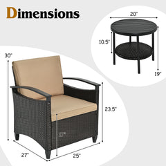 3 Piece Rattan & Metal Cushioned Chair Set Cushioned with Round Shelf Table