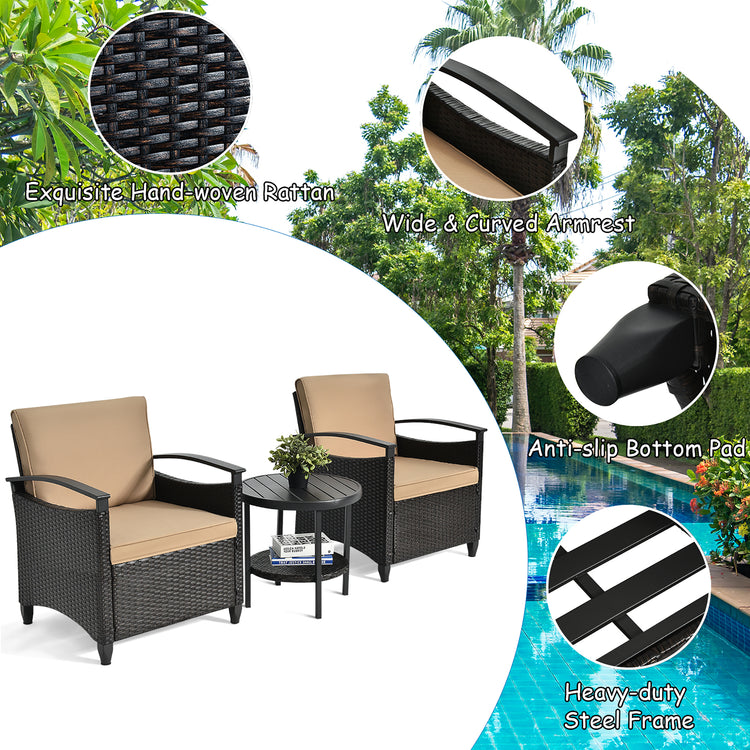 3 Piece Rattan & Metal Cushioned Chair Set Cushioned with Round Shelf Table