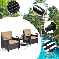 3 Piece Rattan & Metal Cushioned Chair Set Cushioned with Round Shelf Table