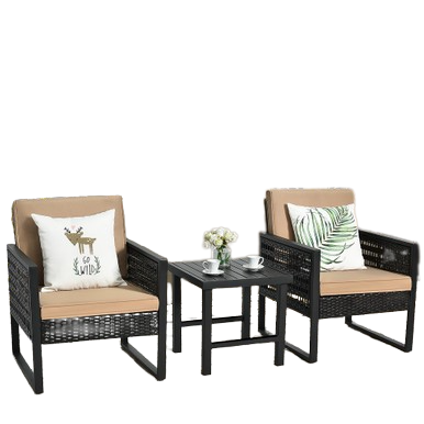 3 Piece Rattan & Metal Cushioned Chair Set Cushioned with Square Table
