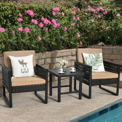 3 Piece Rattan & Metal Cushioned Chair Set Cushioned with Square Table