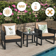 3 Piece Rattan & Metal Cushioned Chair Set Cushioned with Square Table