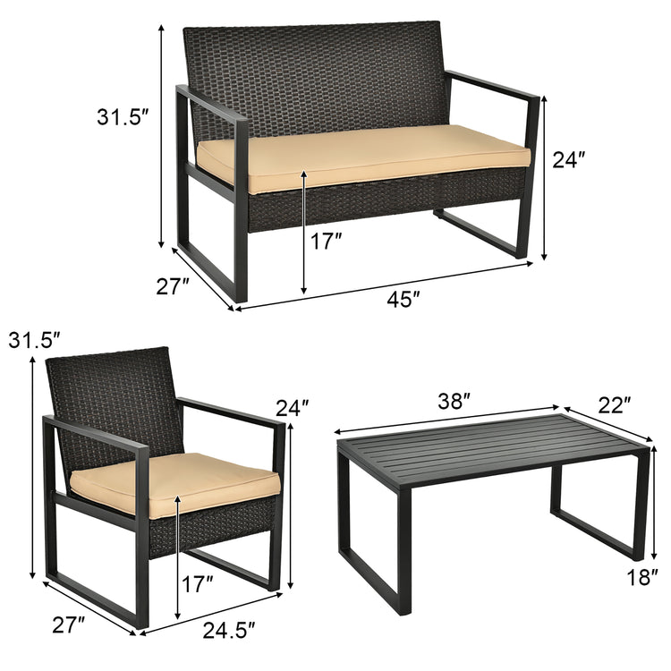 4 Piece Brown Rattan & Metal Cushioned Furniture Set