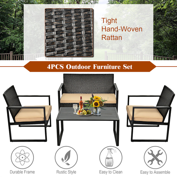 4 Piece Brown Rattan & Metal Cushioned Furniture Set