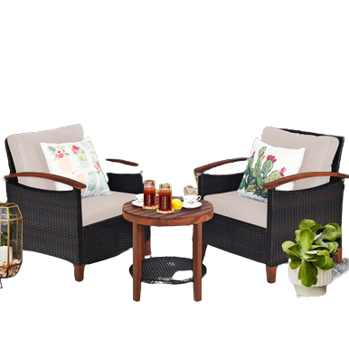 3 Piece Rattan Chair Set with Wooden Frame and Table