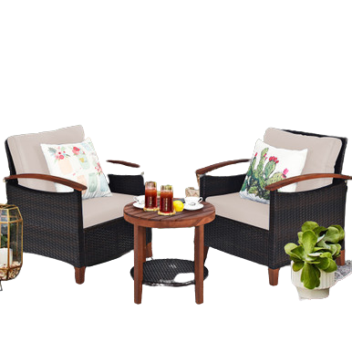  3 Piece Rattan Chair Set with Wooden Frame and Table - Red - Bonton