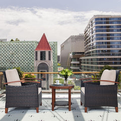 3 Piece Rattan Chair Set with Wooden Frame and Table