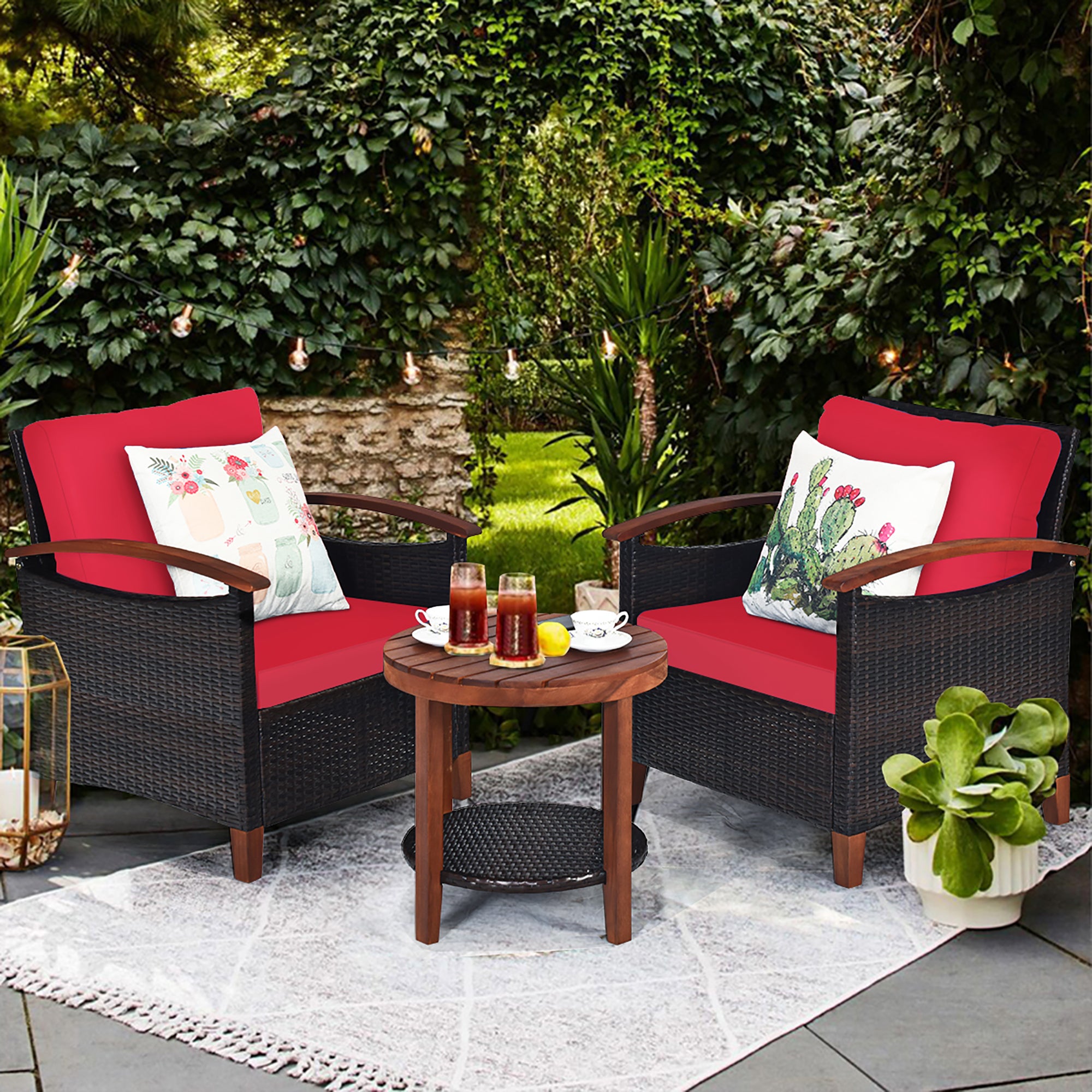  3 Piece Rattan Chair Set with Wooden Frame and Table - Red - Bonton