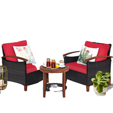  3 Piece Rattan Chair Set with Wooden Frame and Table - Turquoise - Bonton