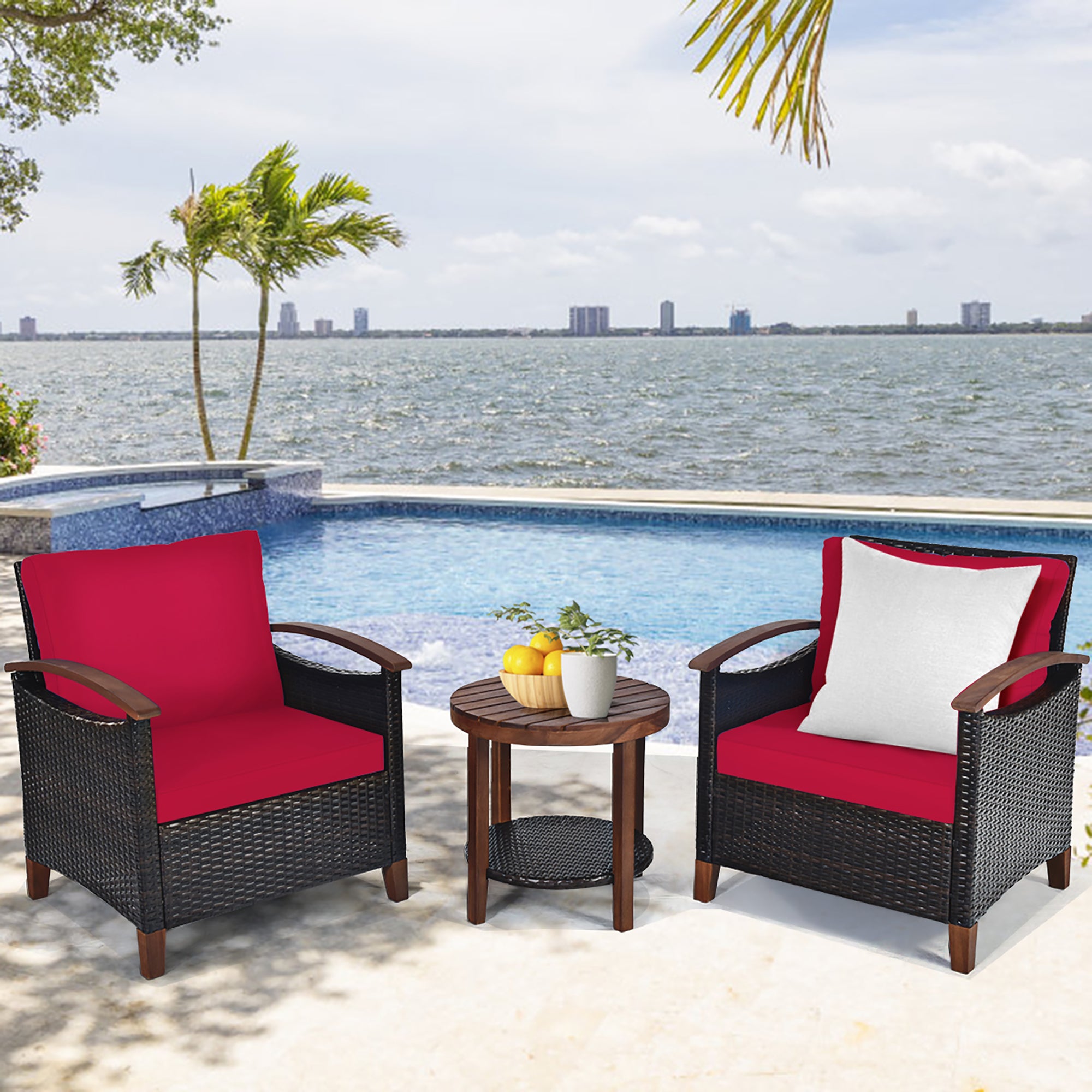  3 Piece Rattan Chair Set with Wooden Frame and Table - Red - Bonton