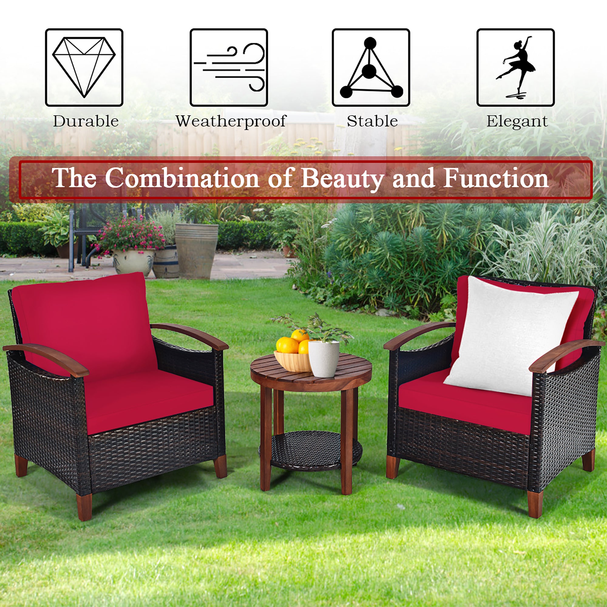  3 Piece Rattan Chair Set with Wooden Frame and Table - Red - Bonton