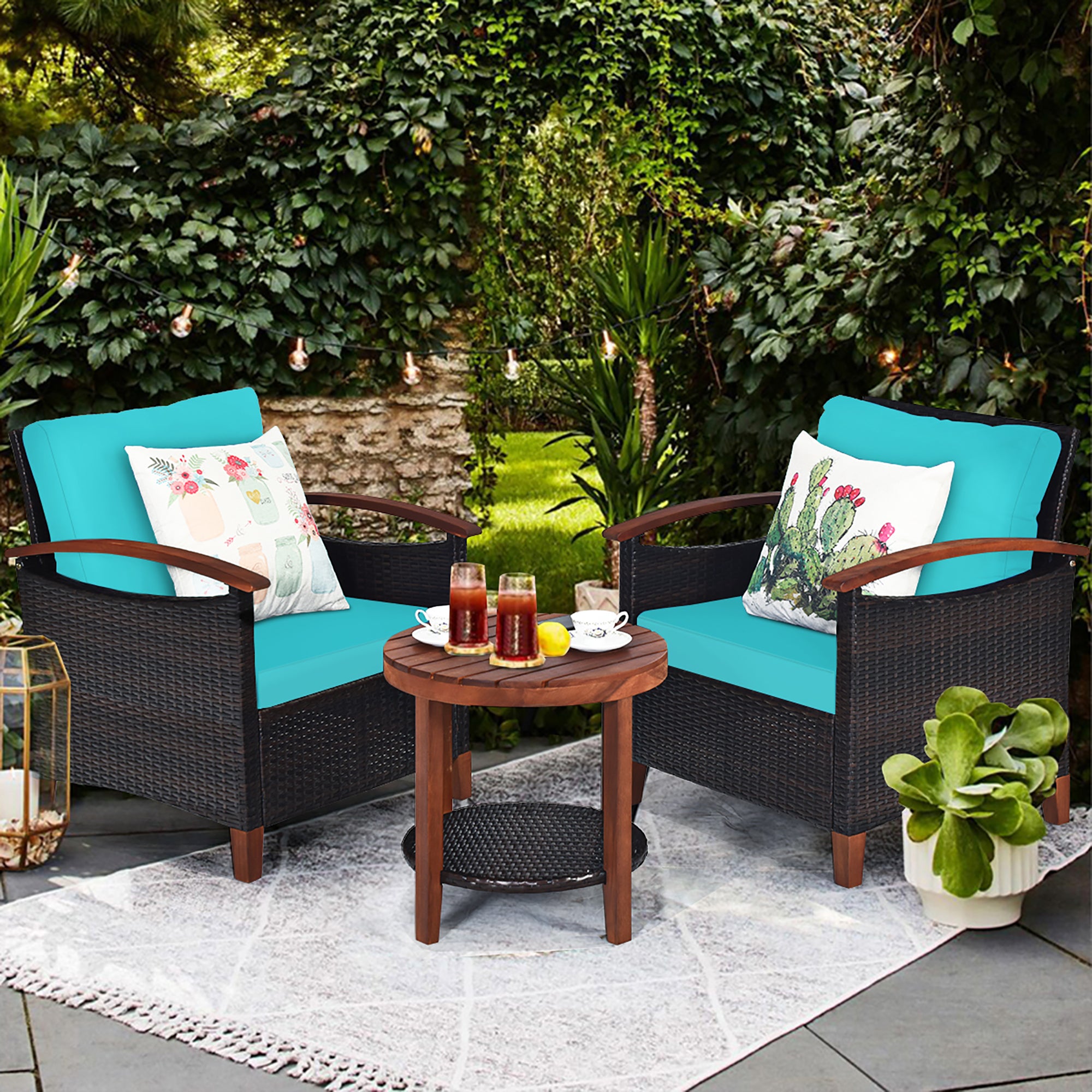  3 Piece Rattan Chair Set with Wooden Frame and Table - Turquoise - Bonton