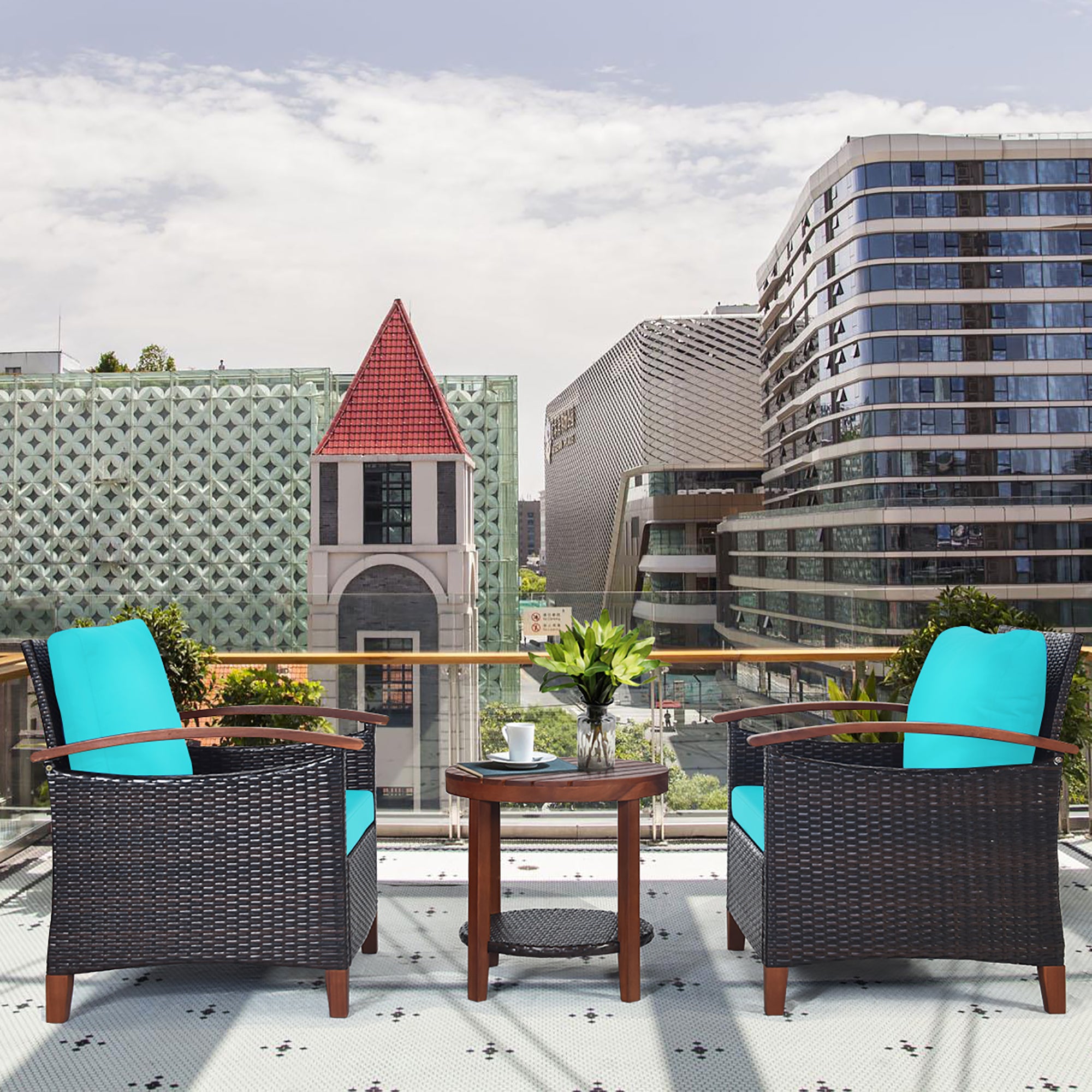  3 Piece Rattan Chair Set with Wooden Frame and Table - Turquoise - Bonton