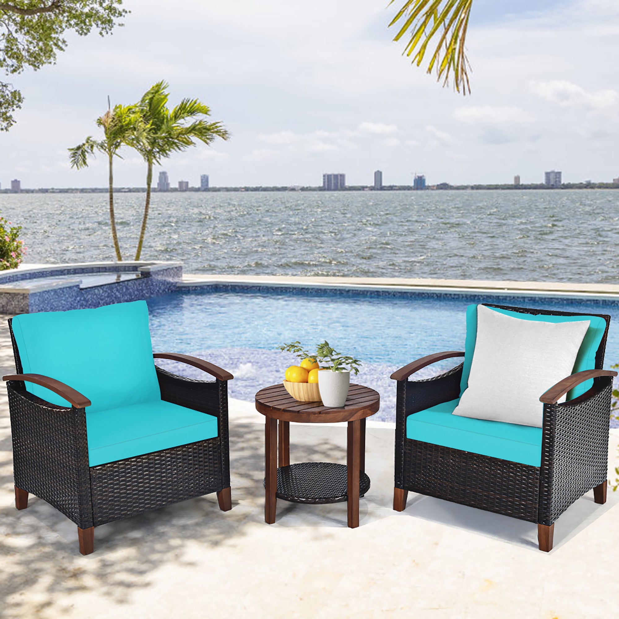  3 Piece Rattan Chair Set with Wooden Frame and Table - Turquoise - Bonton