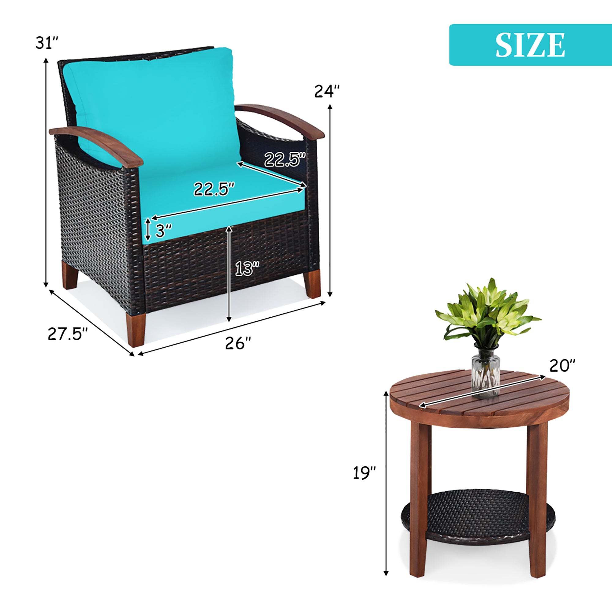  3 Piece Rattan Chair Set with Wooden Frame and Table - Turquoise - Bonton