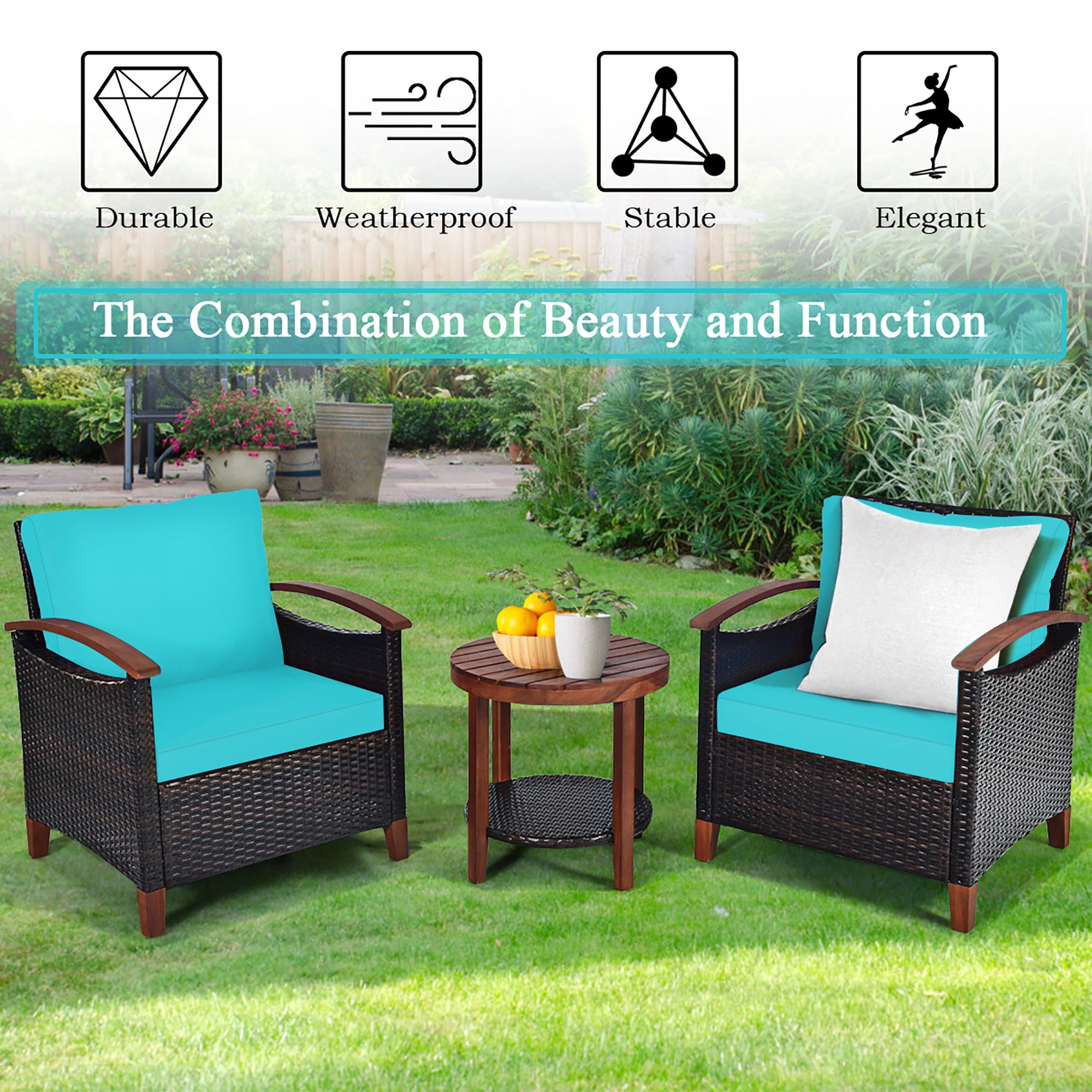  3 Piece Rattan Chair Set with Wooden Frame and Table - Turquoise - Bonton