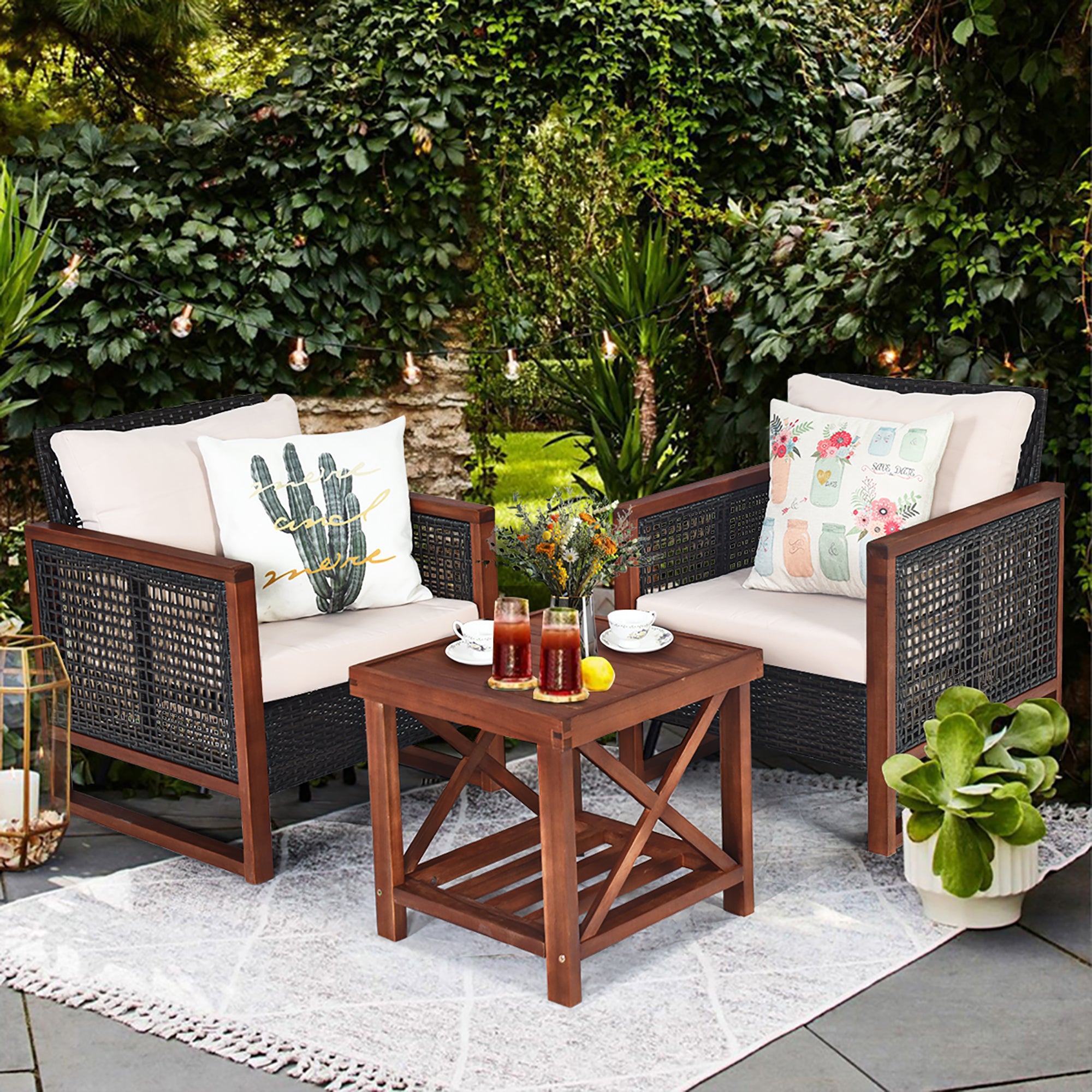  Costway 3 Piece Patio Wicker Solid Wood Furntiure Set - Brown - Bonton