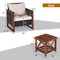 3 Piece Patio Wicker Solid Wood Furntiure Set