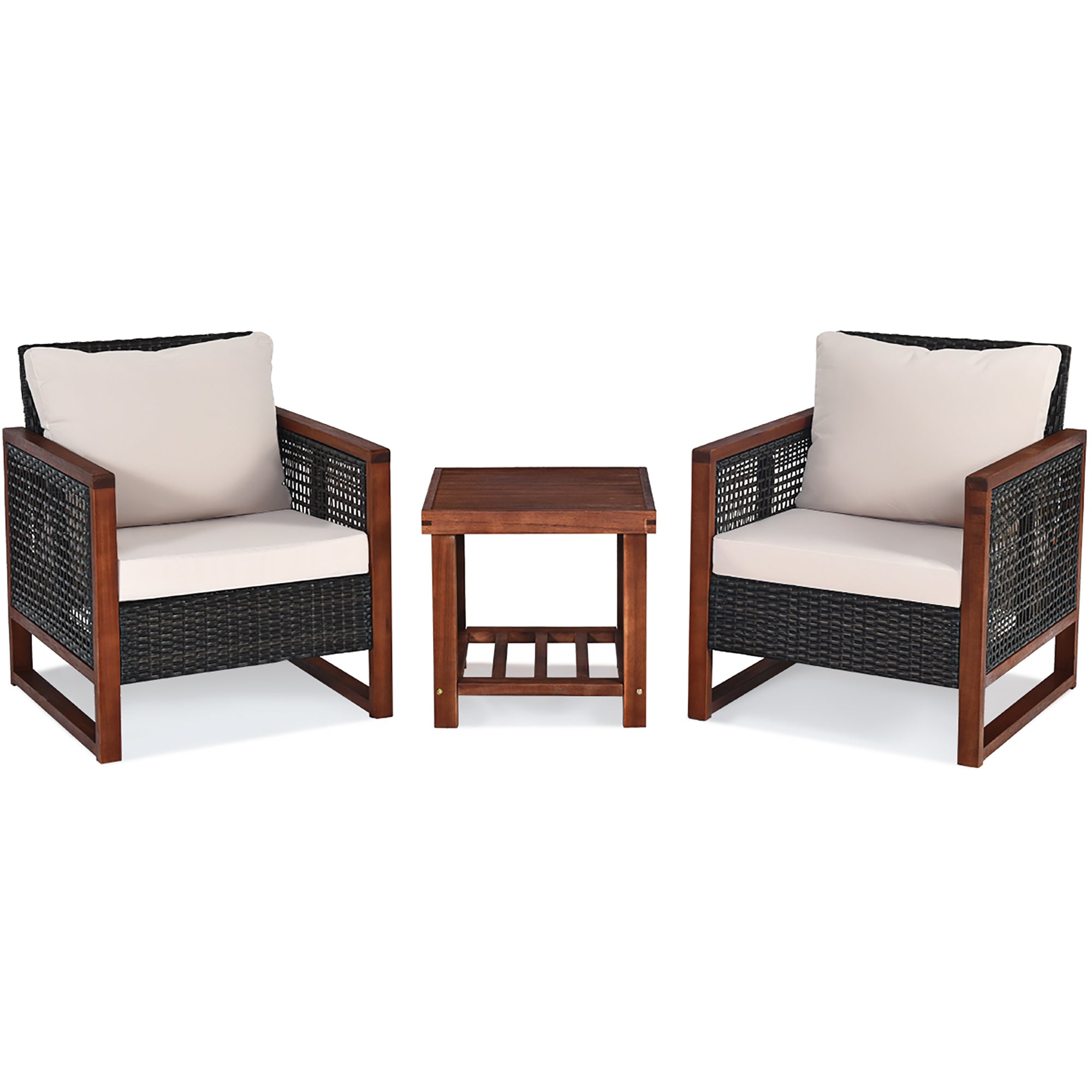  Costway 3 Piece Patio Wicker Solid Wood Furntiure Set - Brown - Bonton