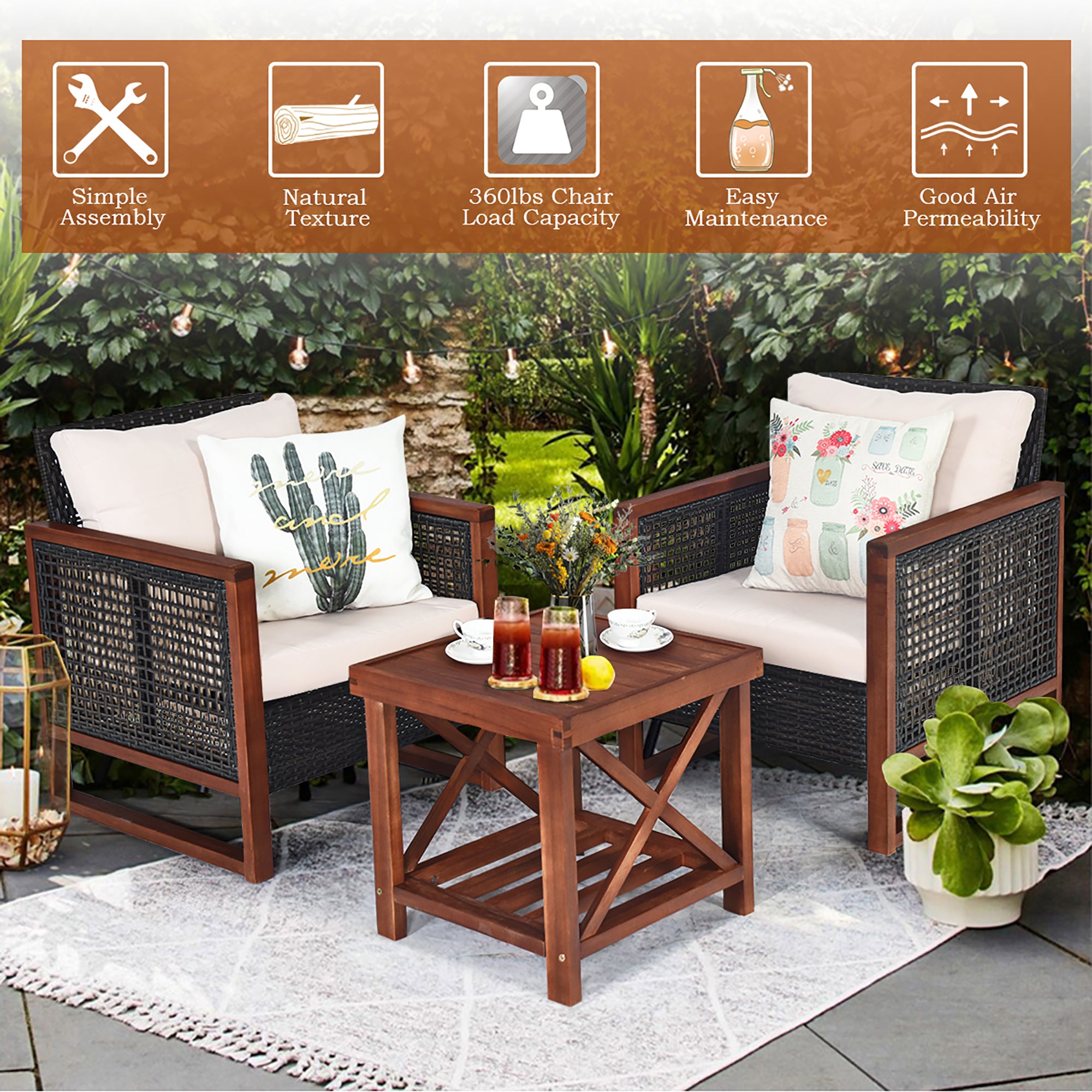  Costway 3 Piece Patio Wicker Solid Wood Furntiure Set - Brown - Bonton