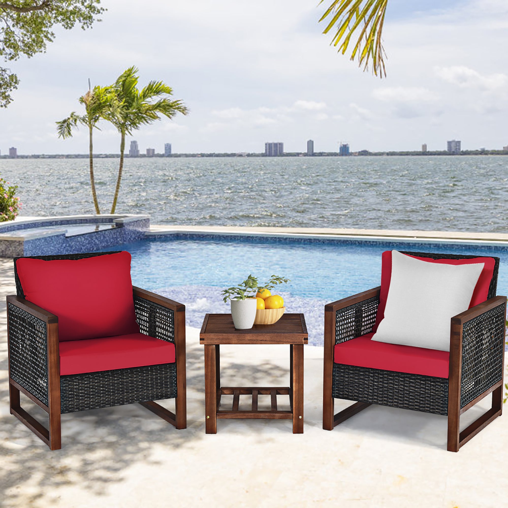  Costway 3 Piece Patio Wicker Solid Wood Furntiure Set - Red - Bonton