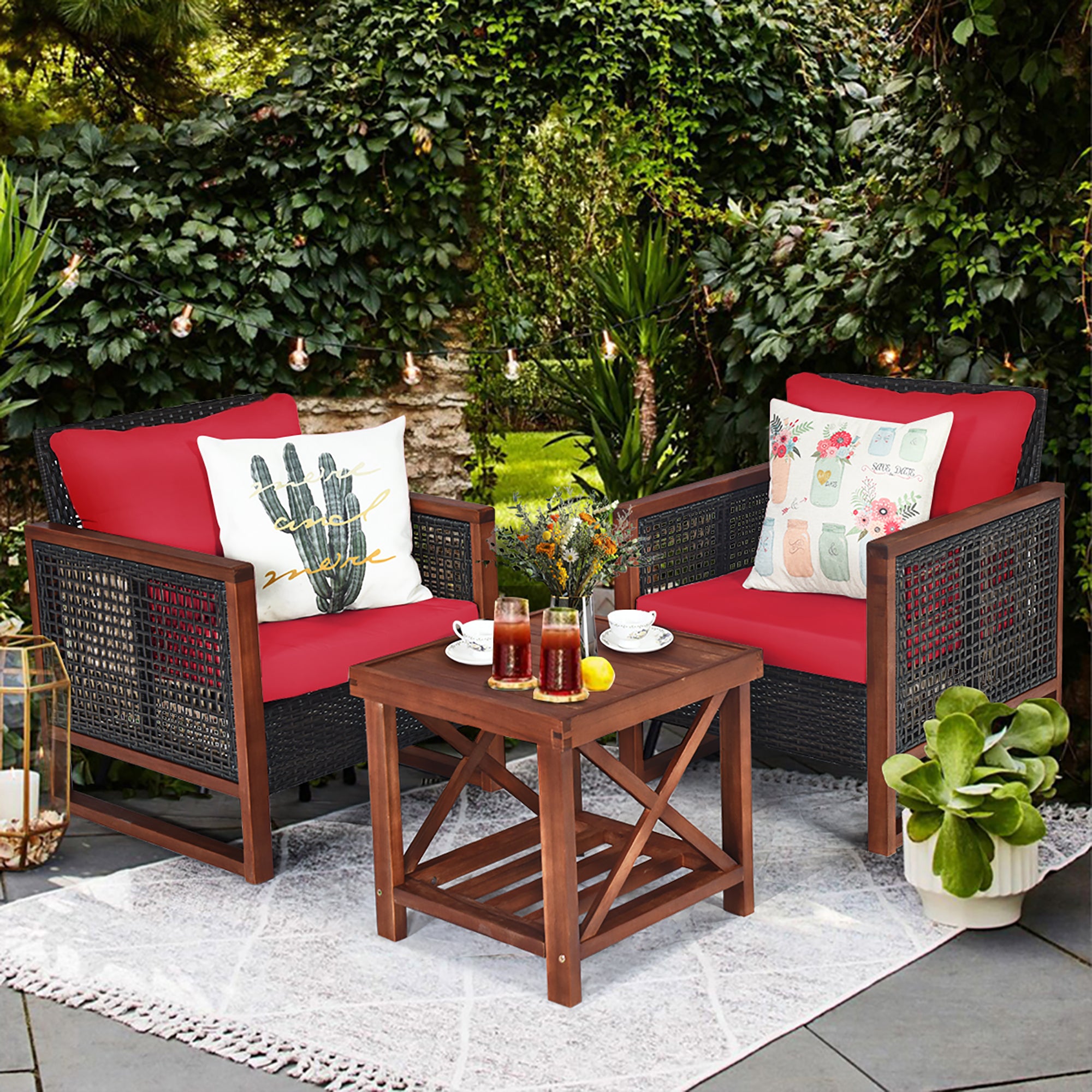  Costway 3 Piece Patio Wicker Solid Wood Furntiure Set - Brown - Bonton