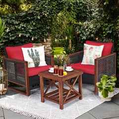 3 Piece Patio Wicker Solid Wood Furntiure Set