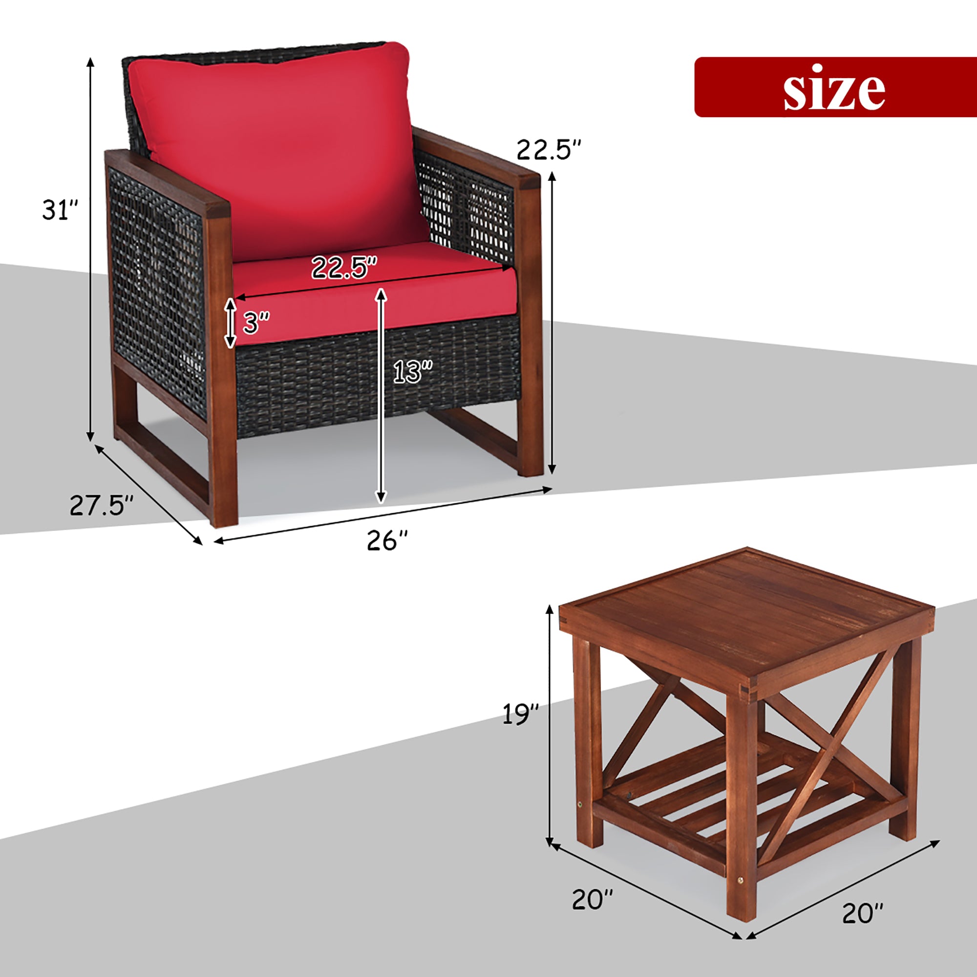  Costway 3 Piece Patio Wicker Solid Wood Furntiure Set - Red - Bonton