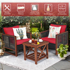 3 Piece Patio Wicker Solid Wood Furntiure Set