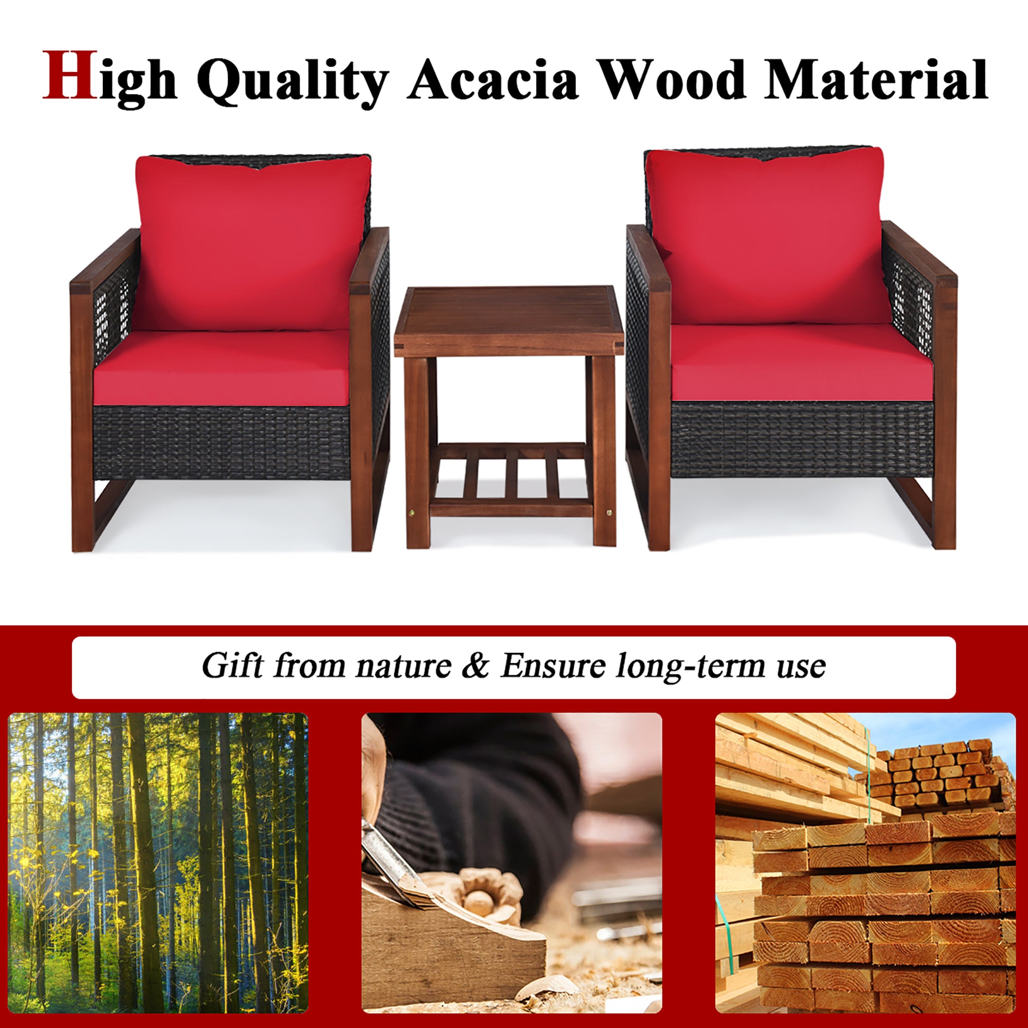  Costway 3 Piece Patio Wicker Solid Wood Furntiure Set - Red - Bonton