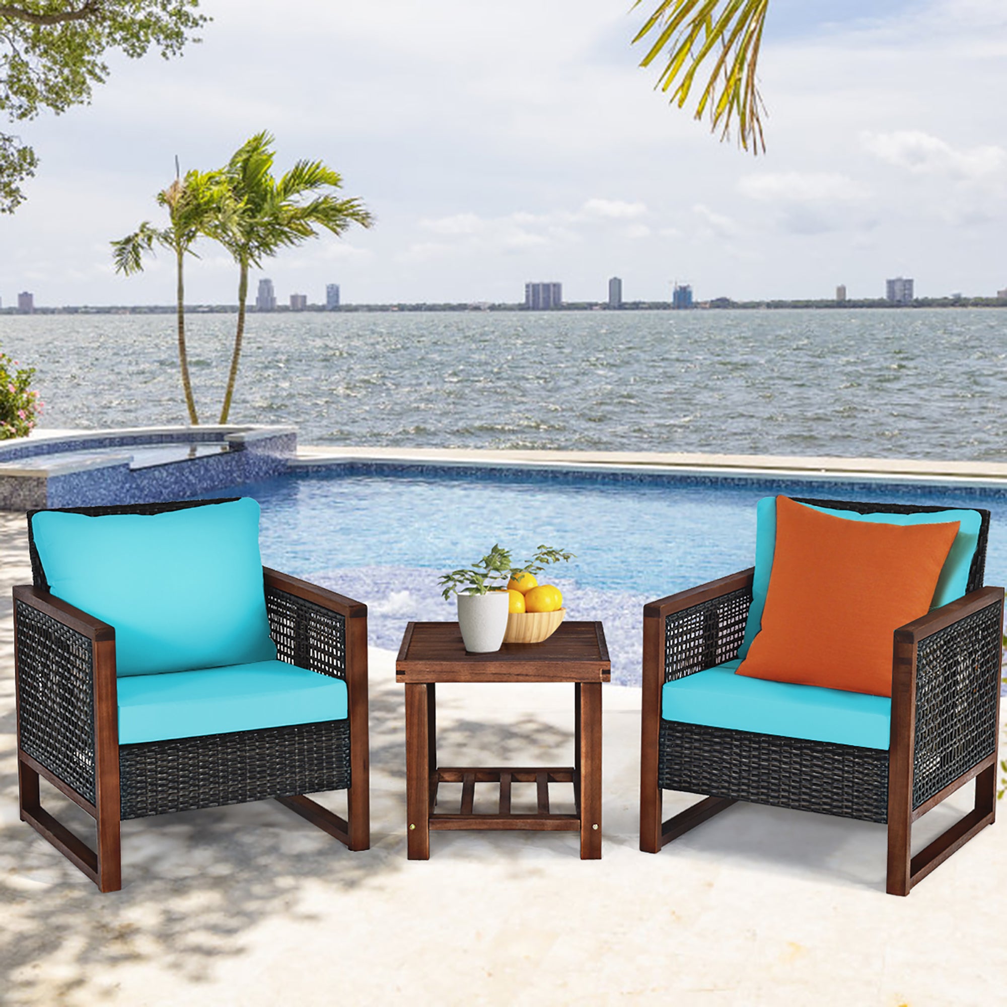  Costway 3 Piece Patio Wicker Solid Wood Furntiure Set - Turquoise - Bonton