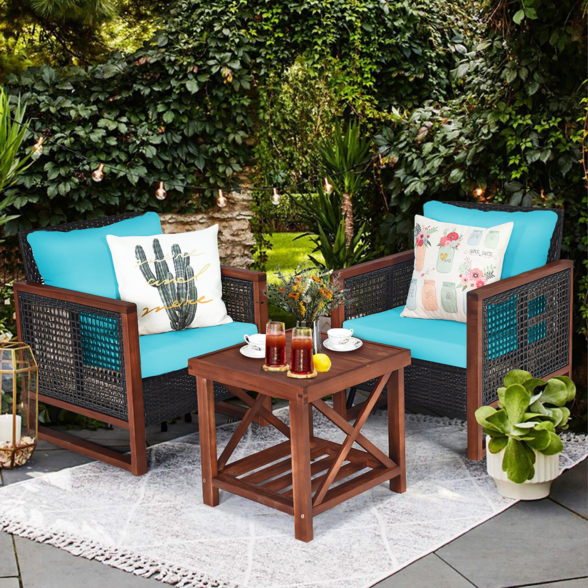  Costway 3 Piece Patio Wicker Solid Wood Furntiure Set - Turquoise - Bonton