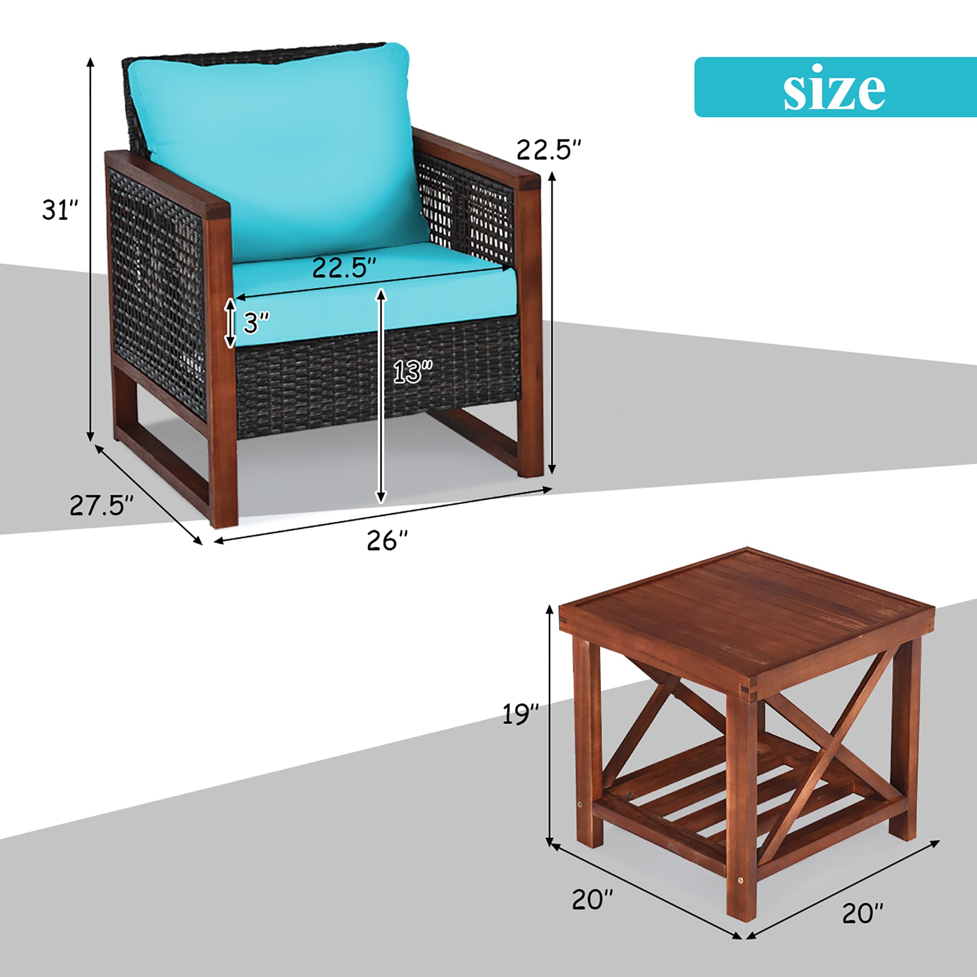  Costway 3 Piece Patio Wicker Solid Wood Furntiure Set - Turquoise - Bonton