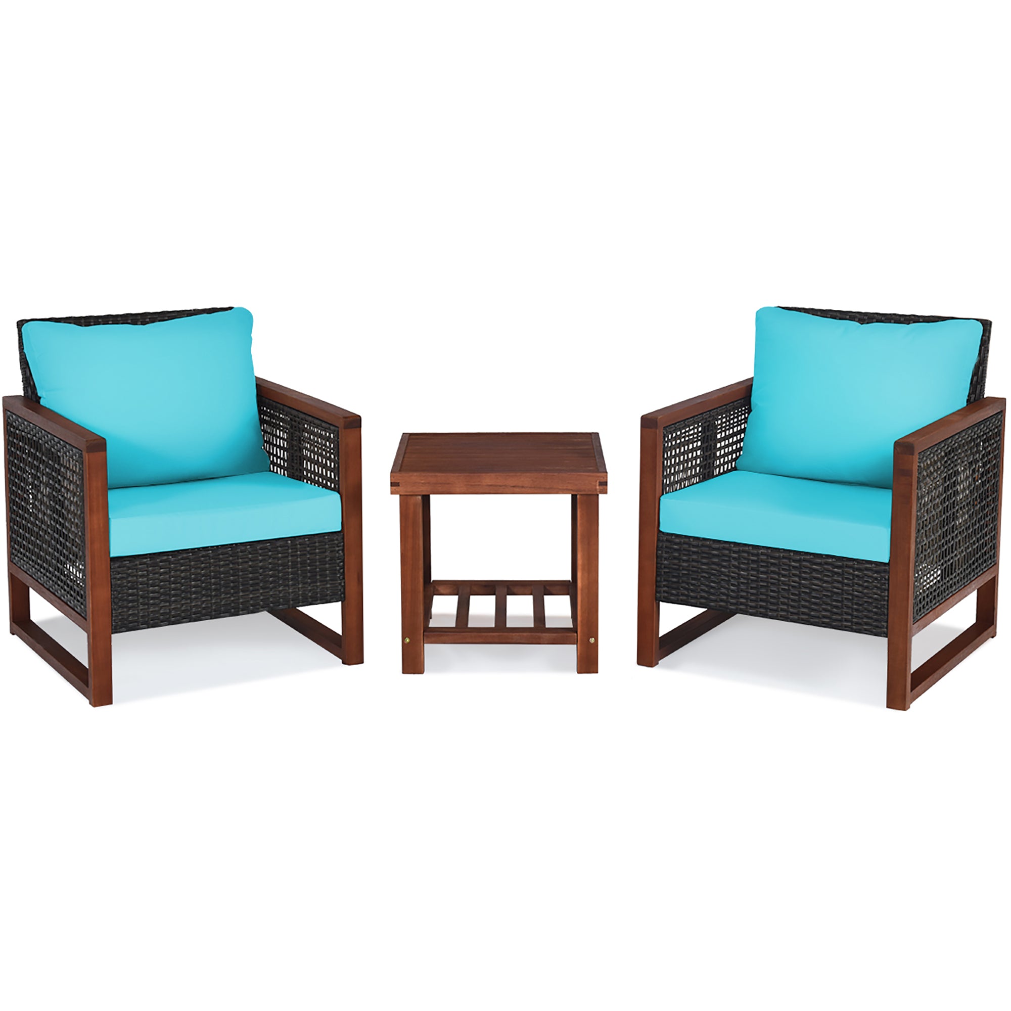  Costway 3 Piece Patio Wicker Solid Wood Furntiure Set - Turquoise - Bonton