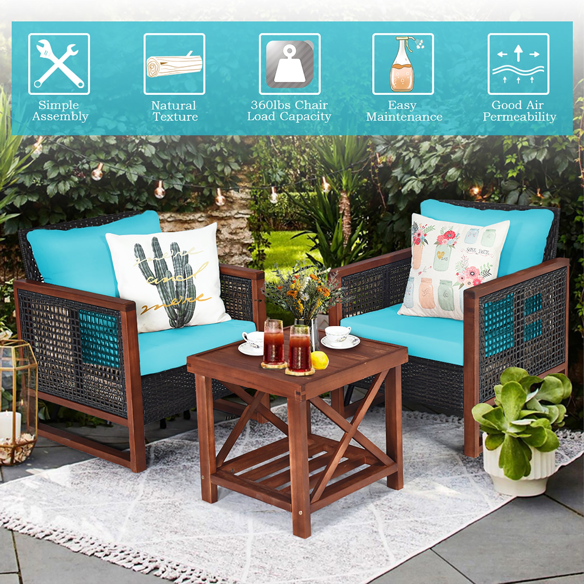  Costway 3 Piece Patio Wicker Solid Wood Furntiure Set - Turquoise - Bonton