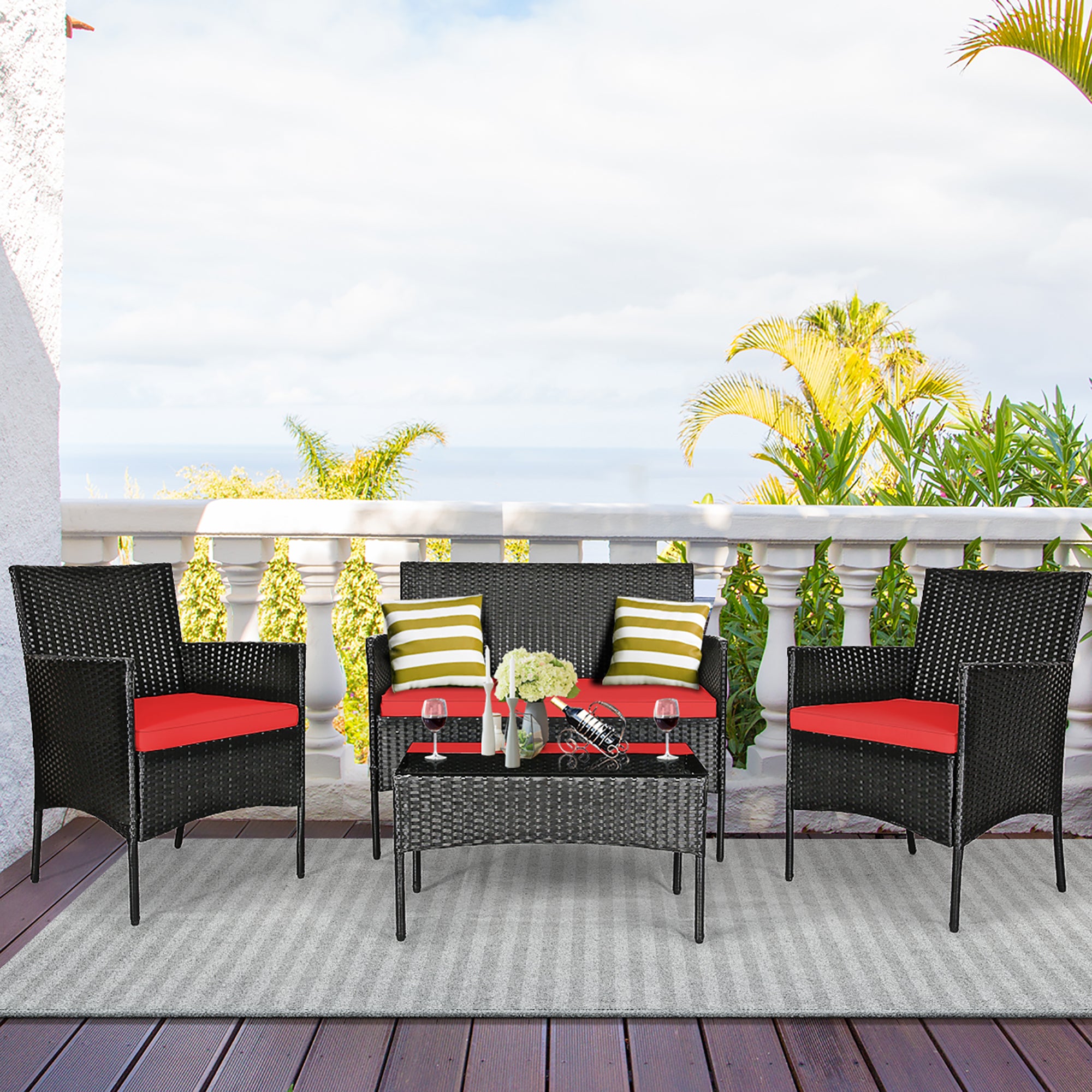  4 Piece PE Rattan Furniture Set with Cushions and Table - Red - Bonton